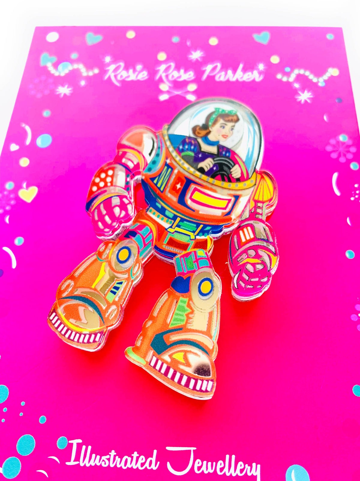 Space Girl Mech Suit Acrylic Brooch ,Retro quirky Sci-Fi Pin