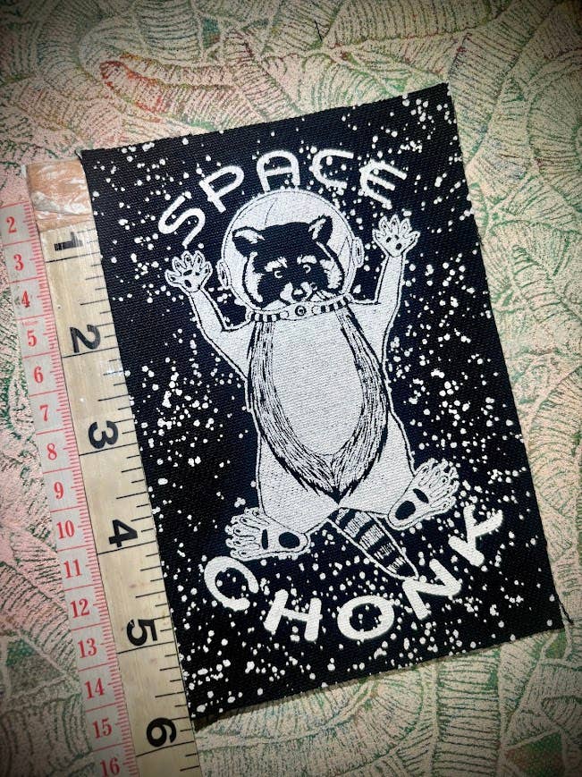 Space Chonk, Raccoon space traveler patch.: Black w/white ink