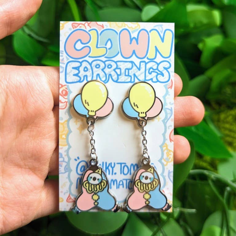 Dangling Clown Earrings: Saturated Silver