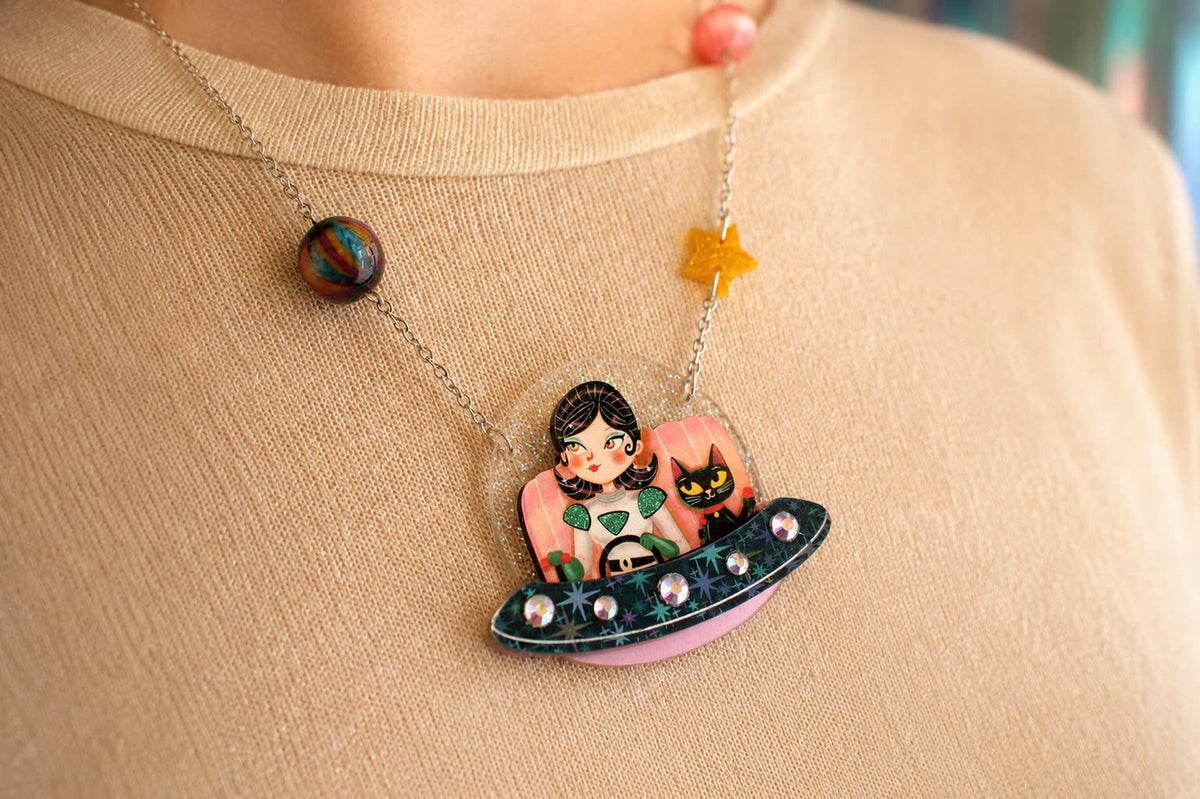 UFO Necklace with Girl and Space Cat