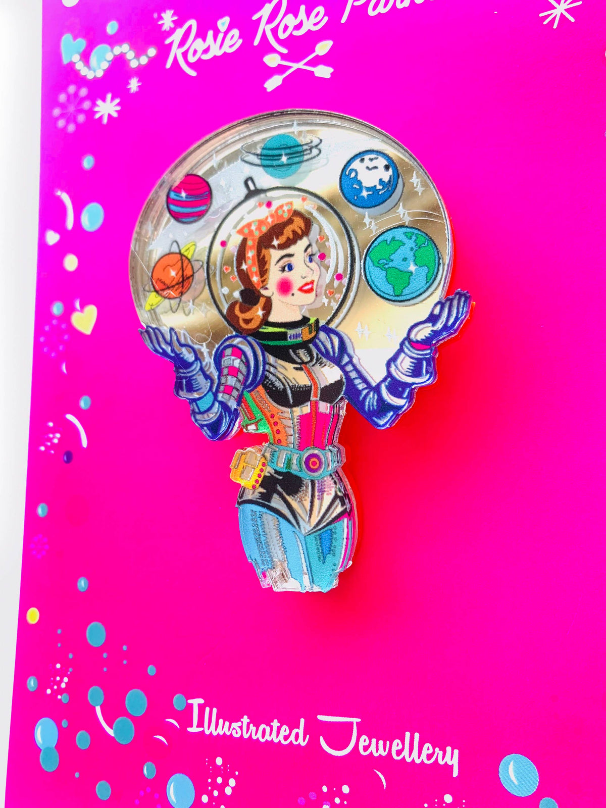 Space Girl Juggling Planets Acrylic Brooch,Retro Sci-Fi Pi
