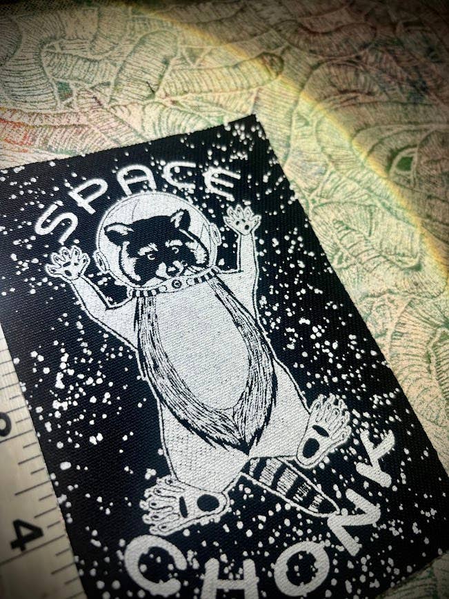 Space Chonk, Raccoon space traveler patch.: Black w/white ink