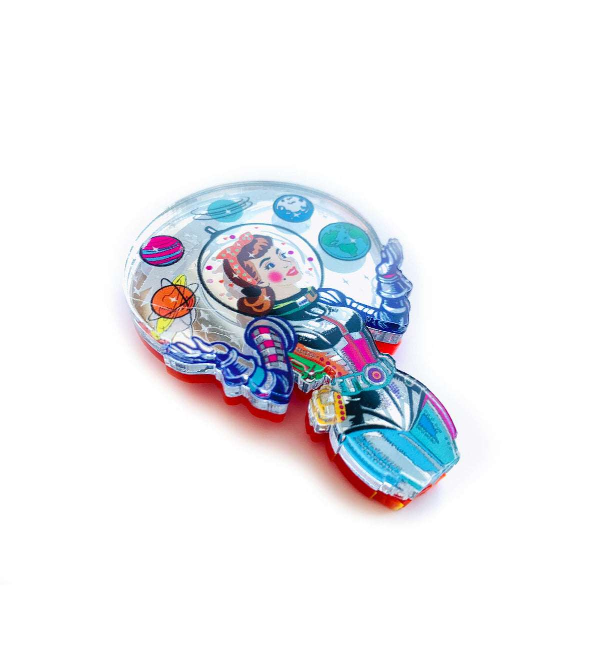 Space Girl Juggling Planets Acrylic Brooch,Retro Sci-Fi Pi