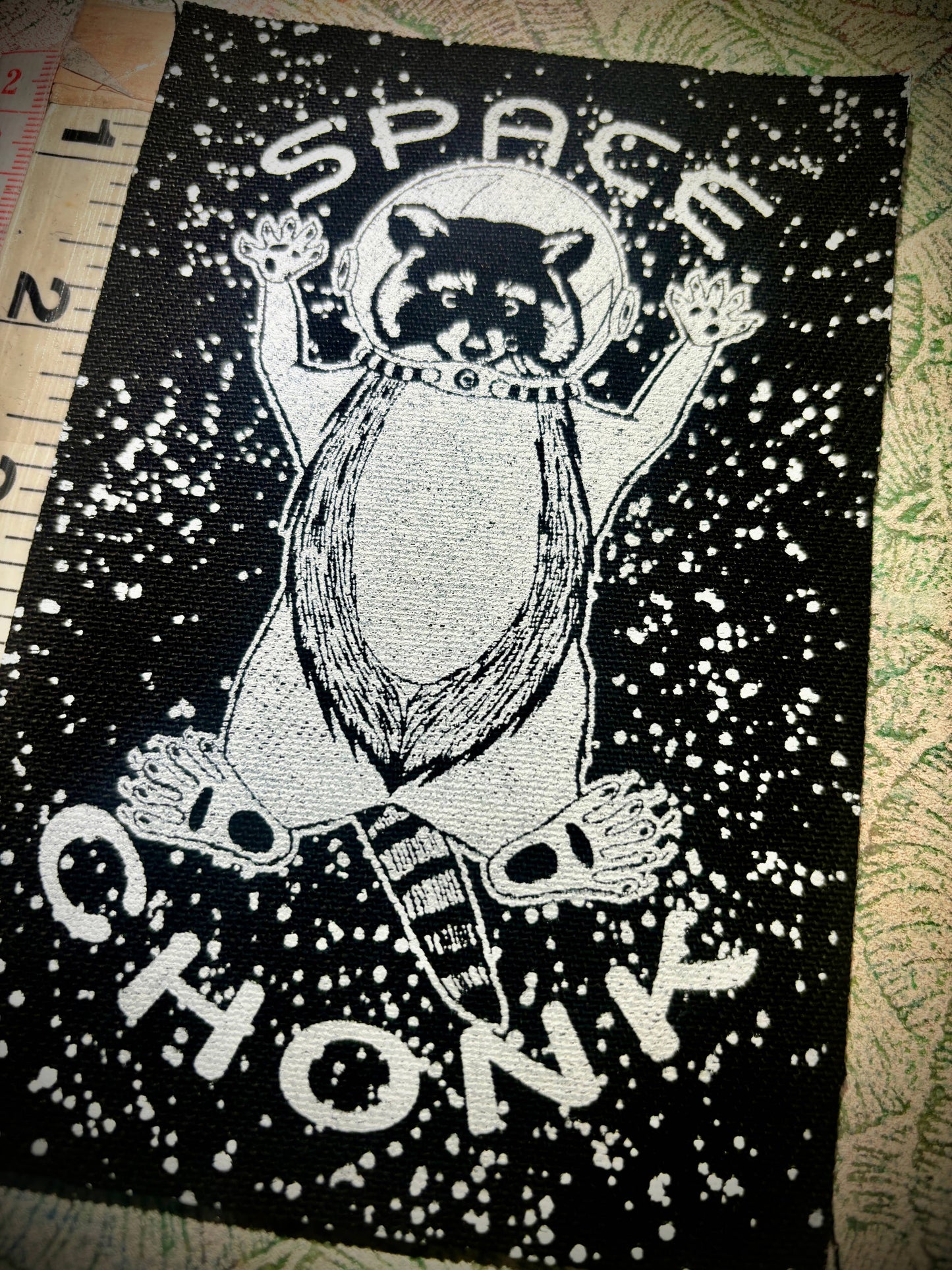 Space Chonk, Raccoon space traveler patch.: Black w/white ink