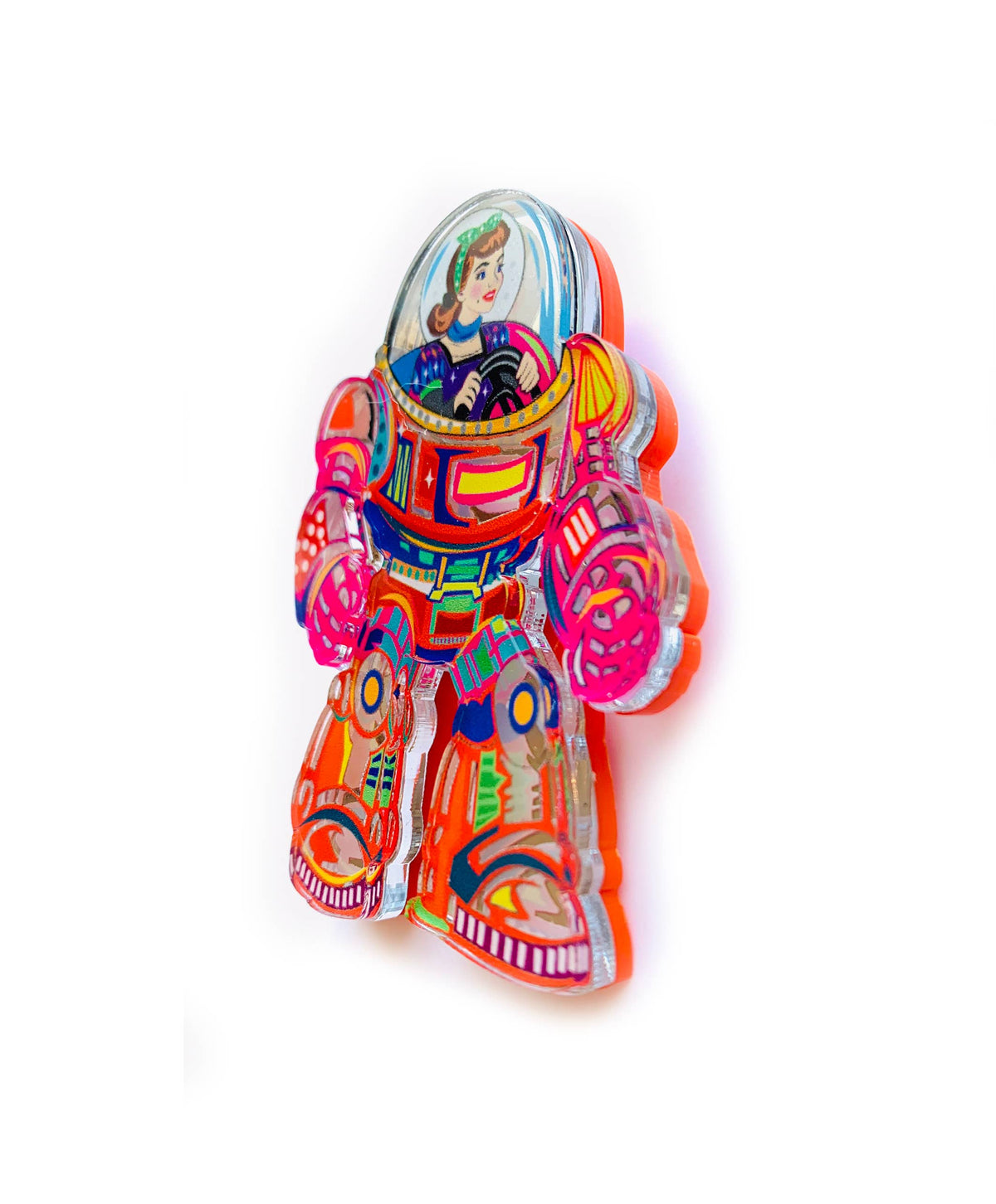 Space Girl Mech Suit Acrylic Brooch ,Retro quirky Sci-Fi Pin