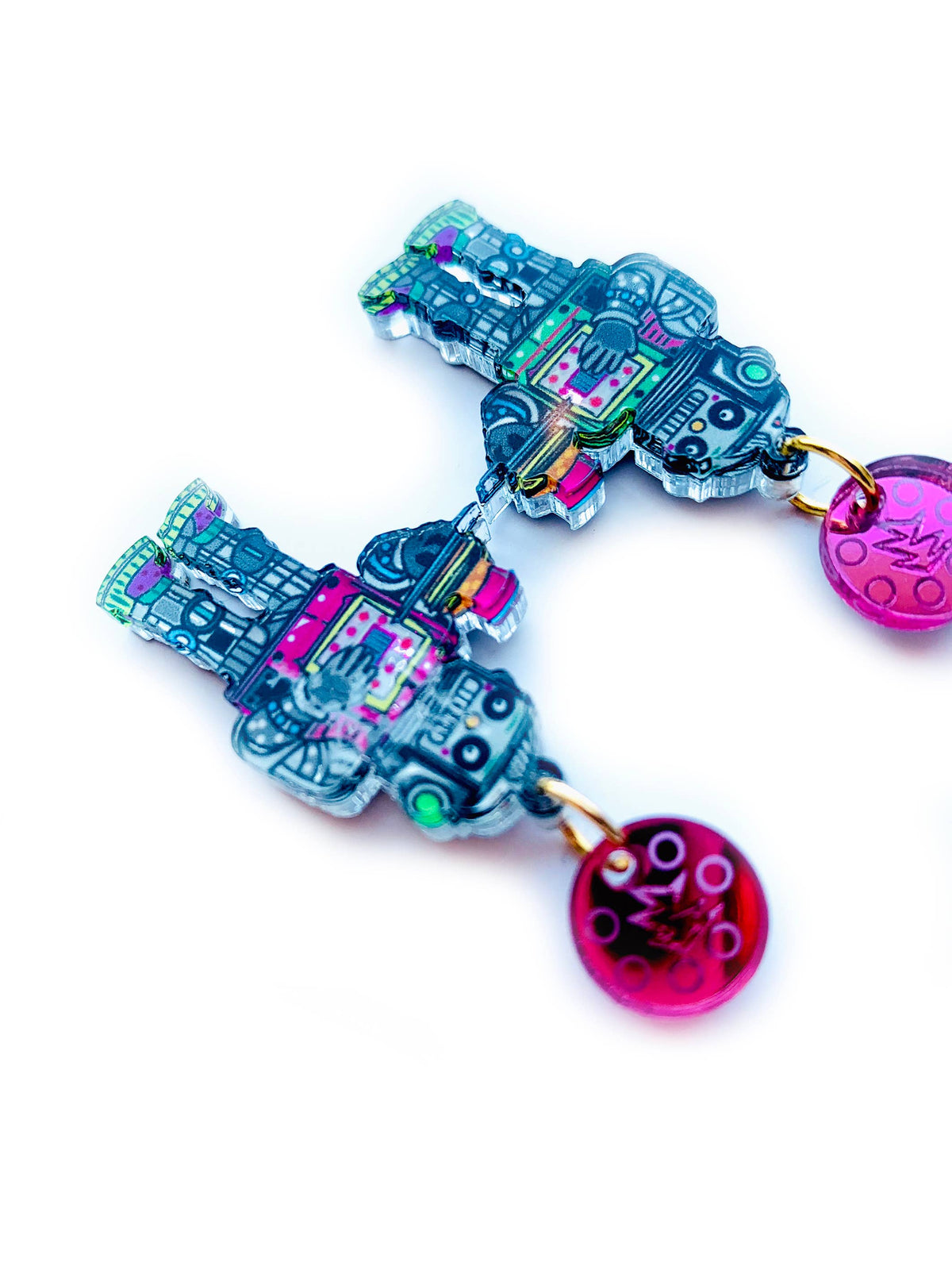 Retro Robot Acrylic Dangle Earrings – Quirky Sci-Fi Jewelry