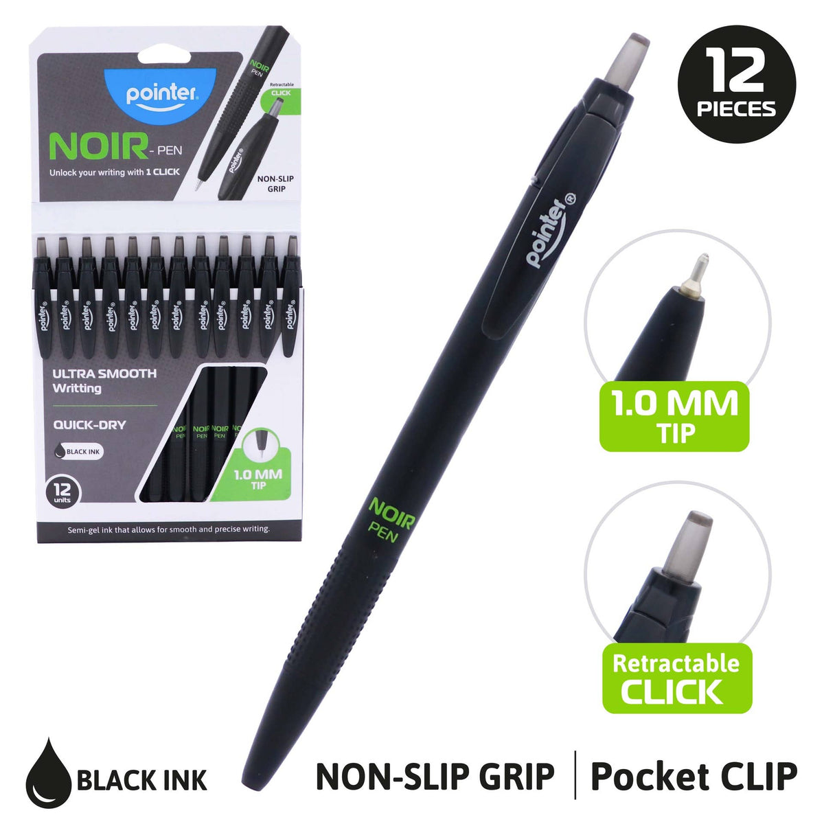 Pens – Noir 1.0mm Black 12 Count Retractable