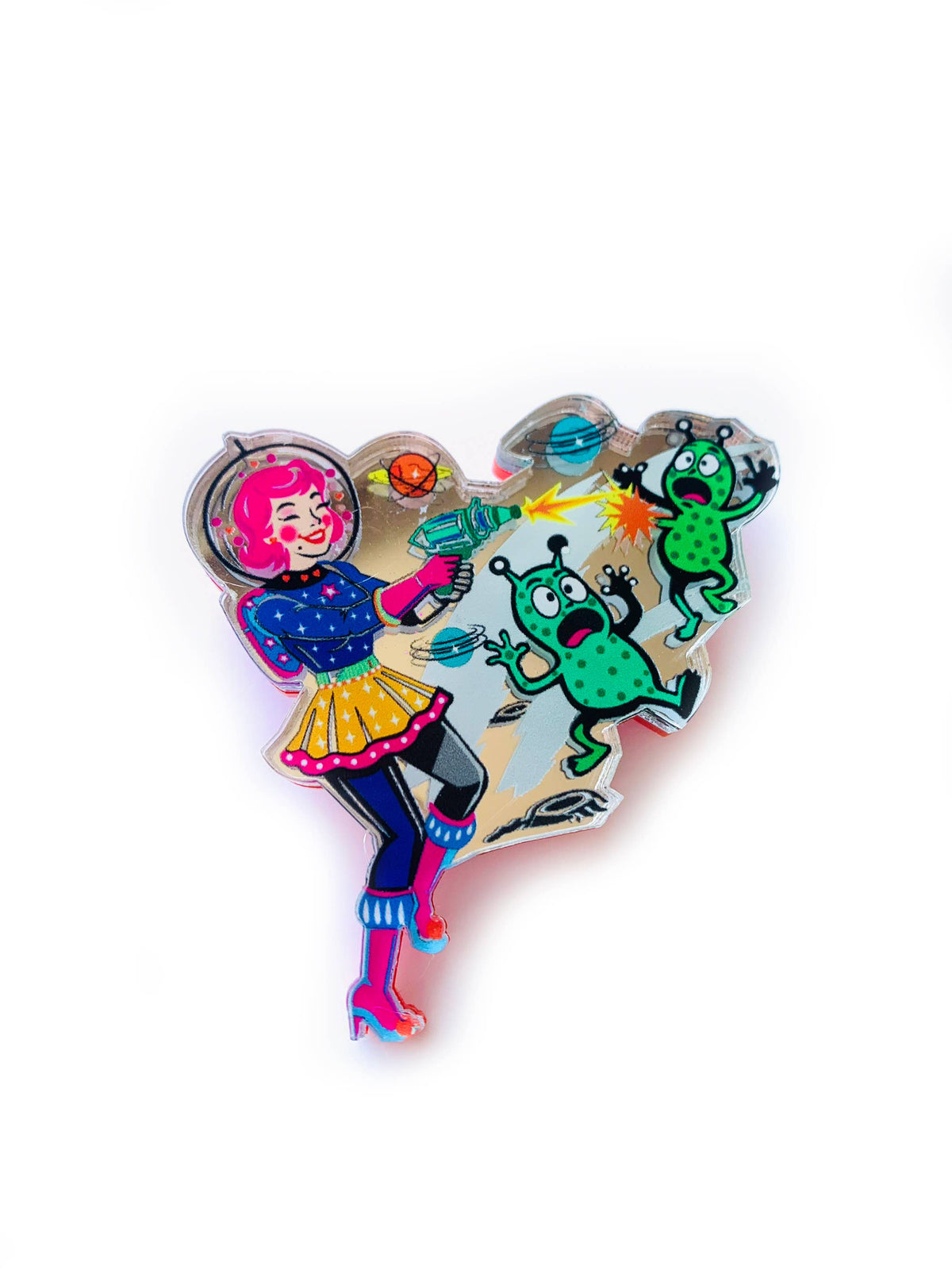 Space Girl Alien Blaster Acrylic Brooch, Retro Sci-Fi Pin