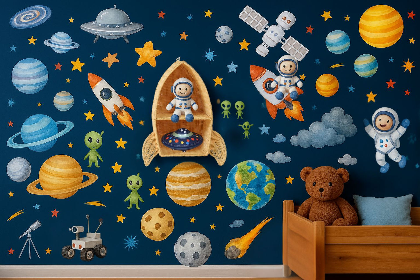 Rattan Rocket Ship Wall Shelf – Space Theme Kids Room & Nursery Décor