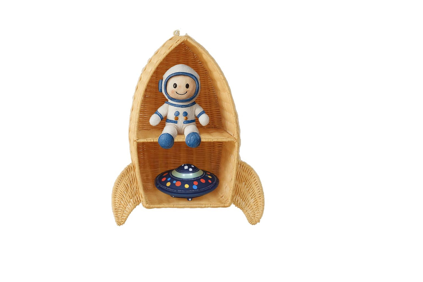 Rattan Rocket Ship Wall Shelf – Space Theme Kids Room & Nursery Décor