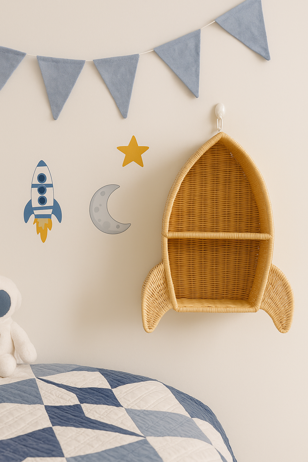 Rattan Rocket Ship Wall Shelf – Space Theme Kids Room & Nursery Décor