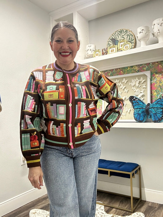 QOS Brown Multi Library Brooks Cardigan