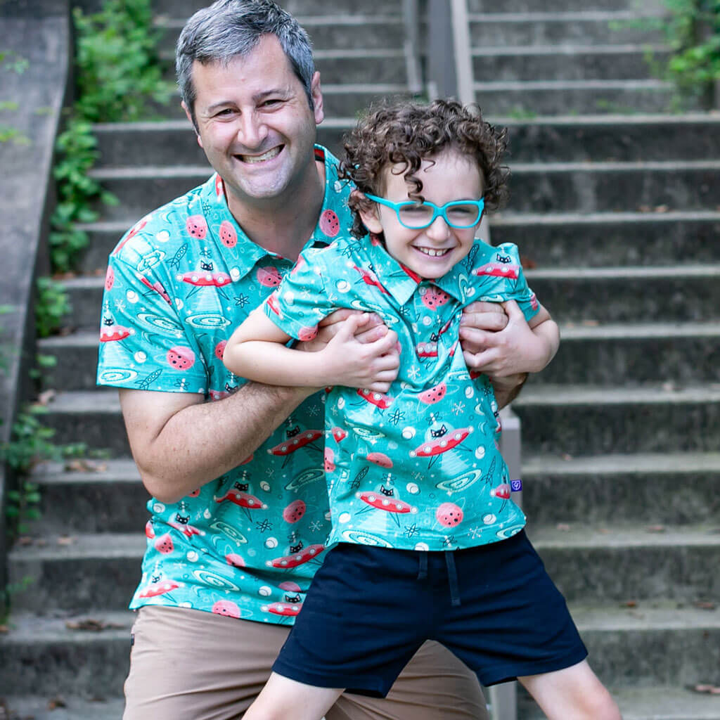 Adult "Beam Me Up, Kitty" Cats in Space Saucers Short Sleeve Polo Shirt